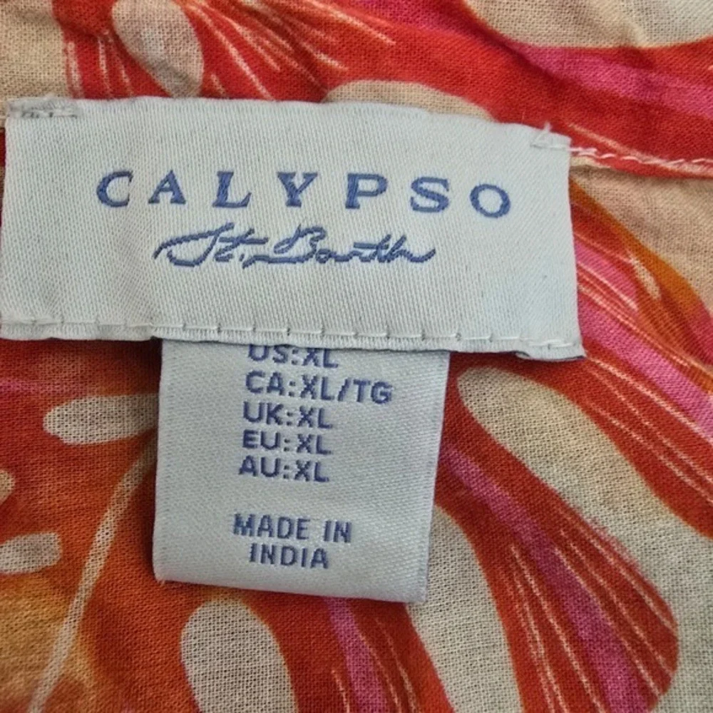 Calypso St Barth Tropical Leaf Print Embroidered Button Down Shirt XL Orange Red